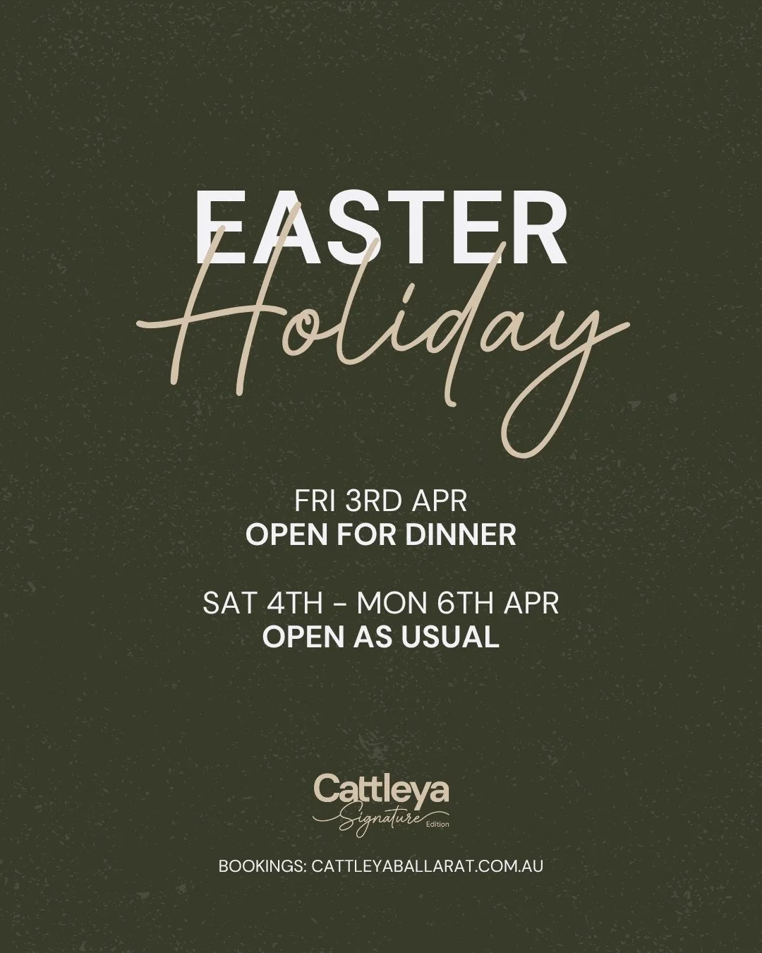 Little pause, then back to it 👀 We&rsquo;re closed Good Friday lunch, but open as usual from Sat&ndash;Mon.⁠
⁠
Book now via www.cattleyaballarat.com.au⁠
⁠