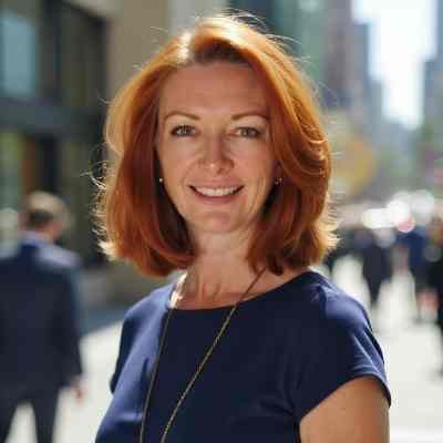 A woman with red hair smiling on a city street.