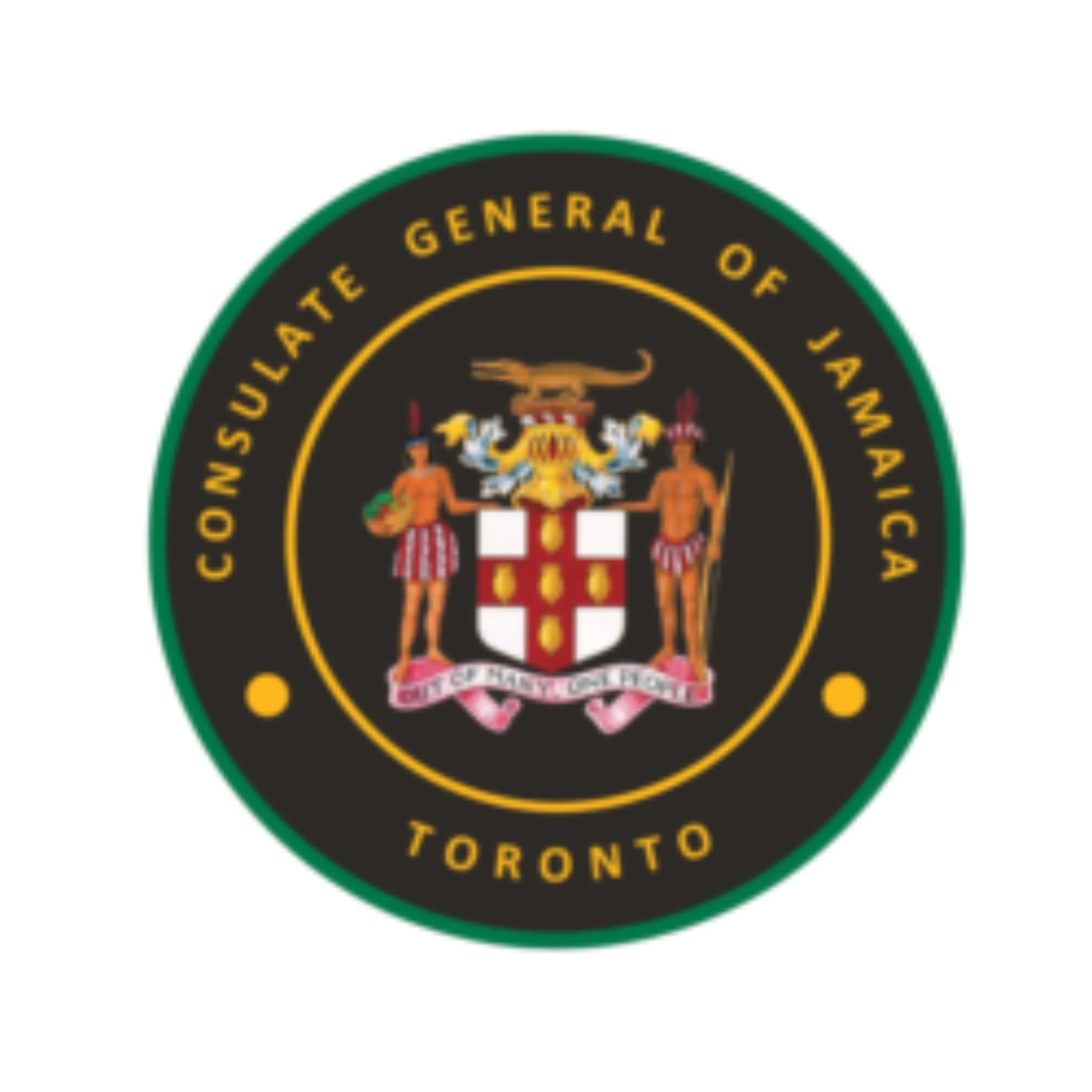 Seal of the Constitution of the United States, with a coat of arms featuring two figures in traditional attire, a shield, and an eagle, surrounded by the text 'Constitutional State of Jamaica Toronto'.