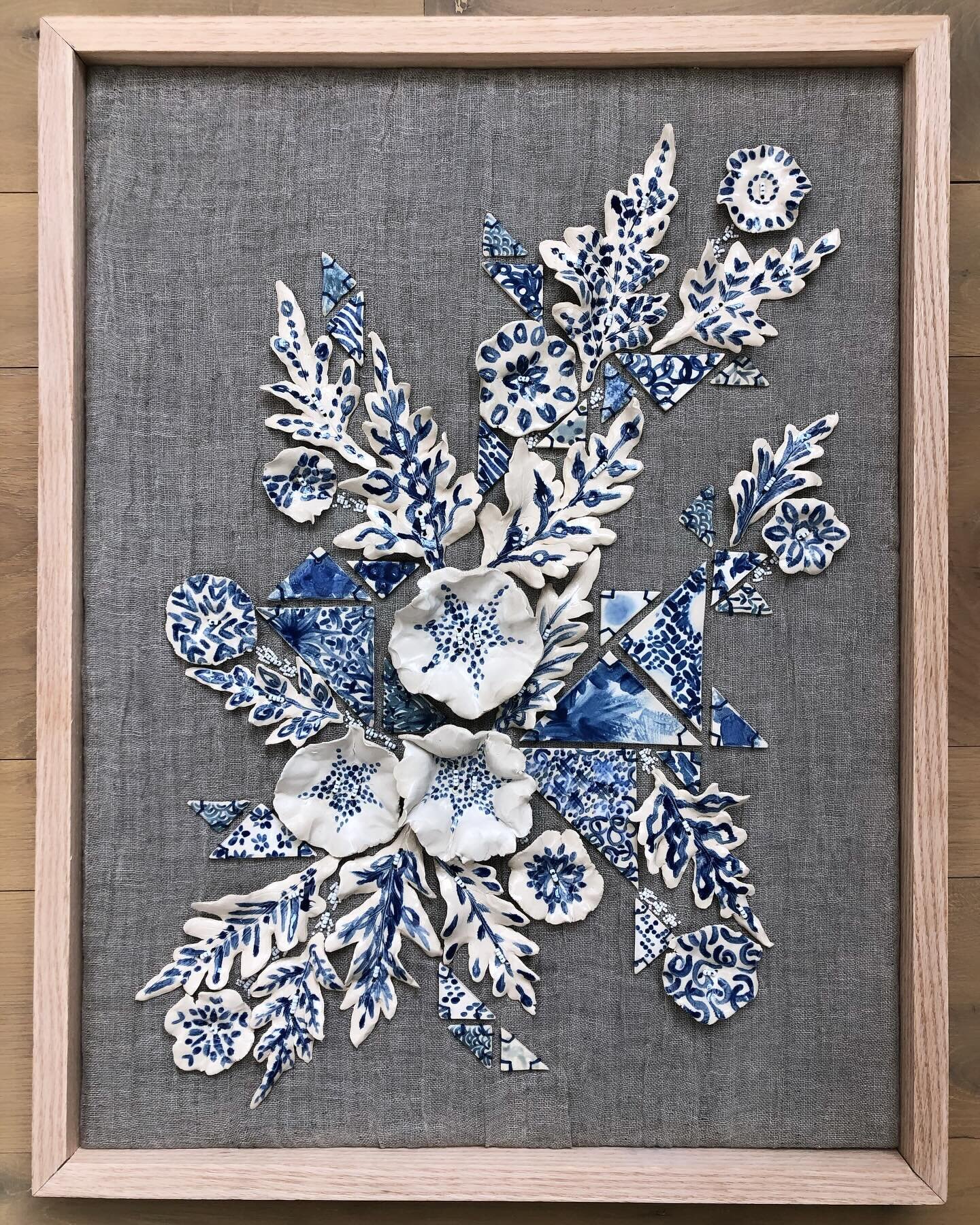 This piece from a few years ago has been on my mind. 💙 I feel like a blue and white &ldquo;ceramics on canvas&rdquo; piece will be coming forth soon from my recent studio time. 🥰💫

This one has ceramics sewn onto linen-wrapped canvas with delicate