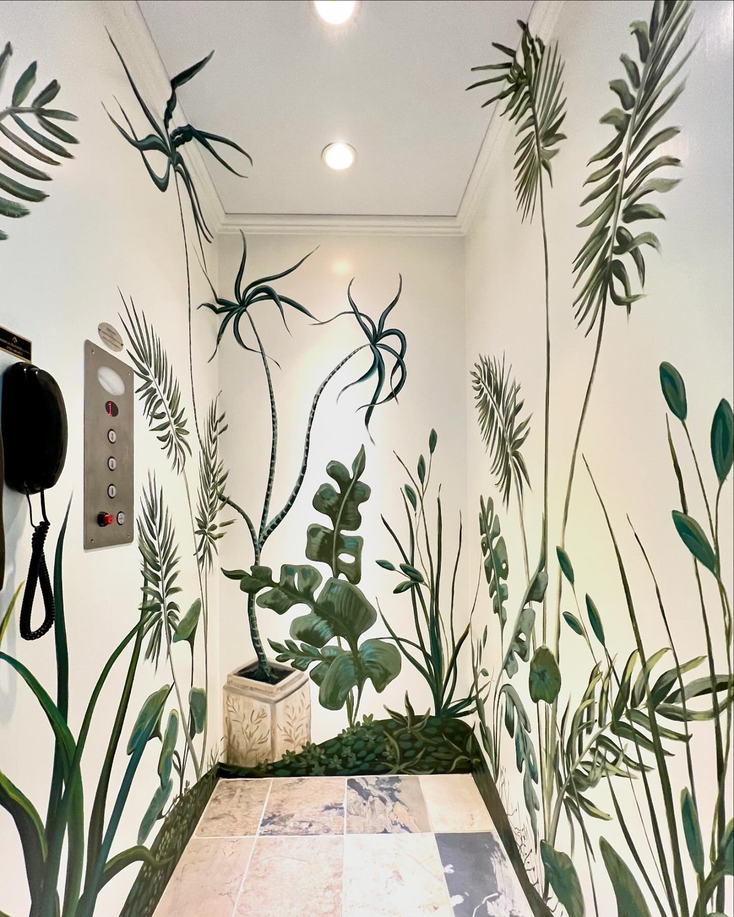 What better way to &ldquo;lift&rdquo; your spirits than to have a custom mural in your elevator! 

Thank you, @clintonrice for inspiring this green oasis in your elevator. 🌿🎉🙏

What other interesting spaces could I paint? This one was lots of fun,