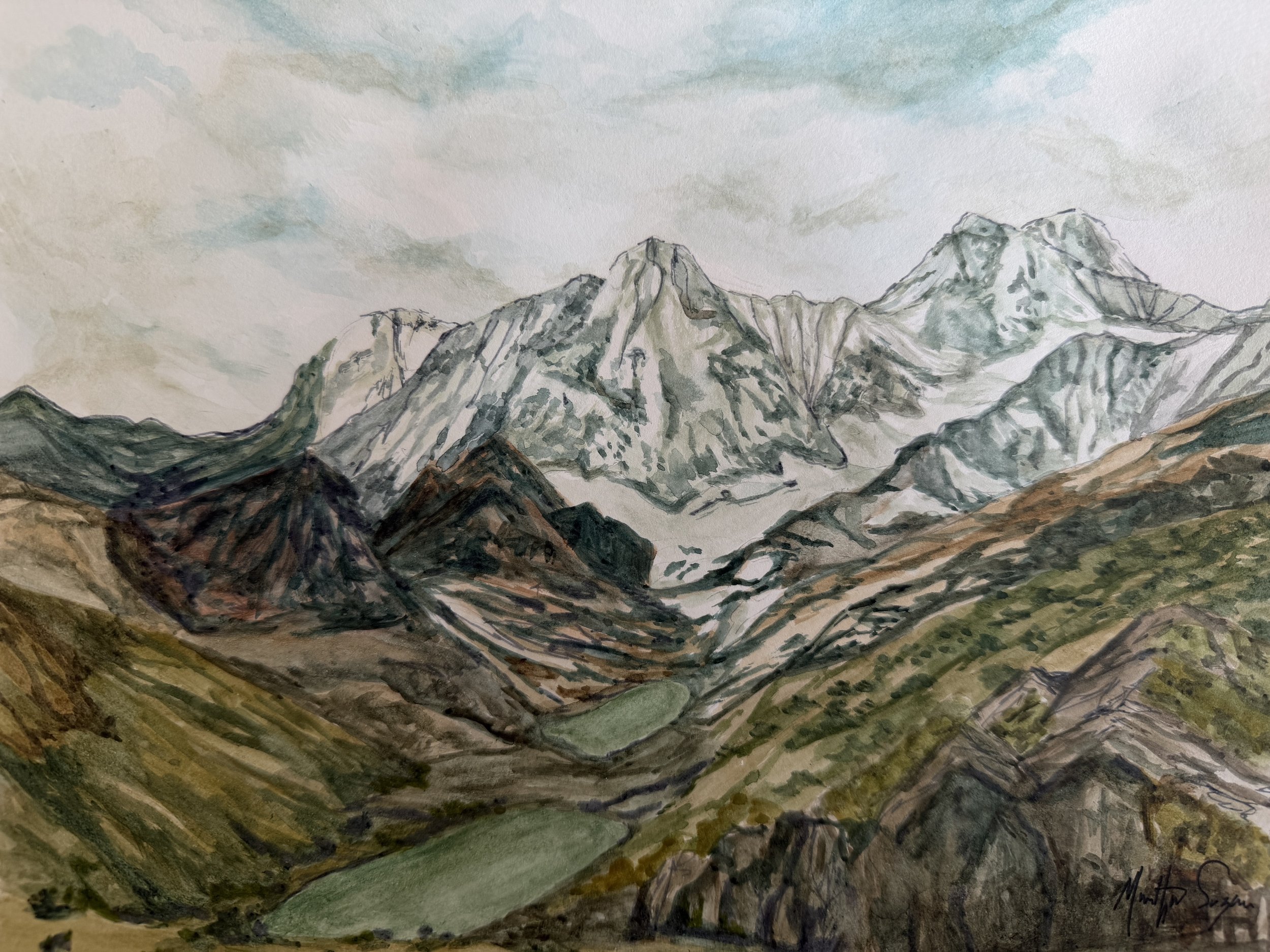 A watercolor painting of a mountain range with snow-capped peaks, cloudy sky, green valley, and rugged foreground.