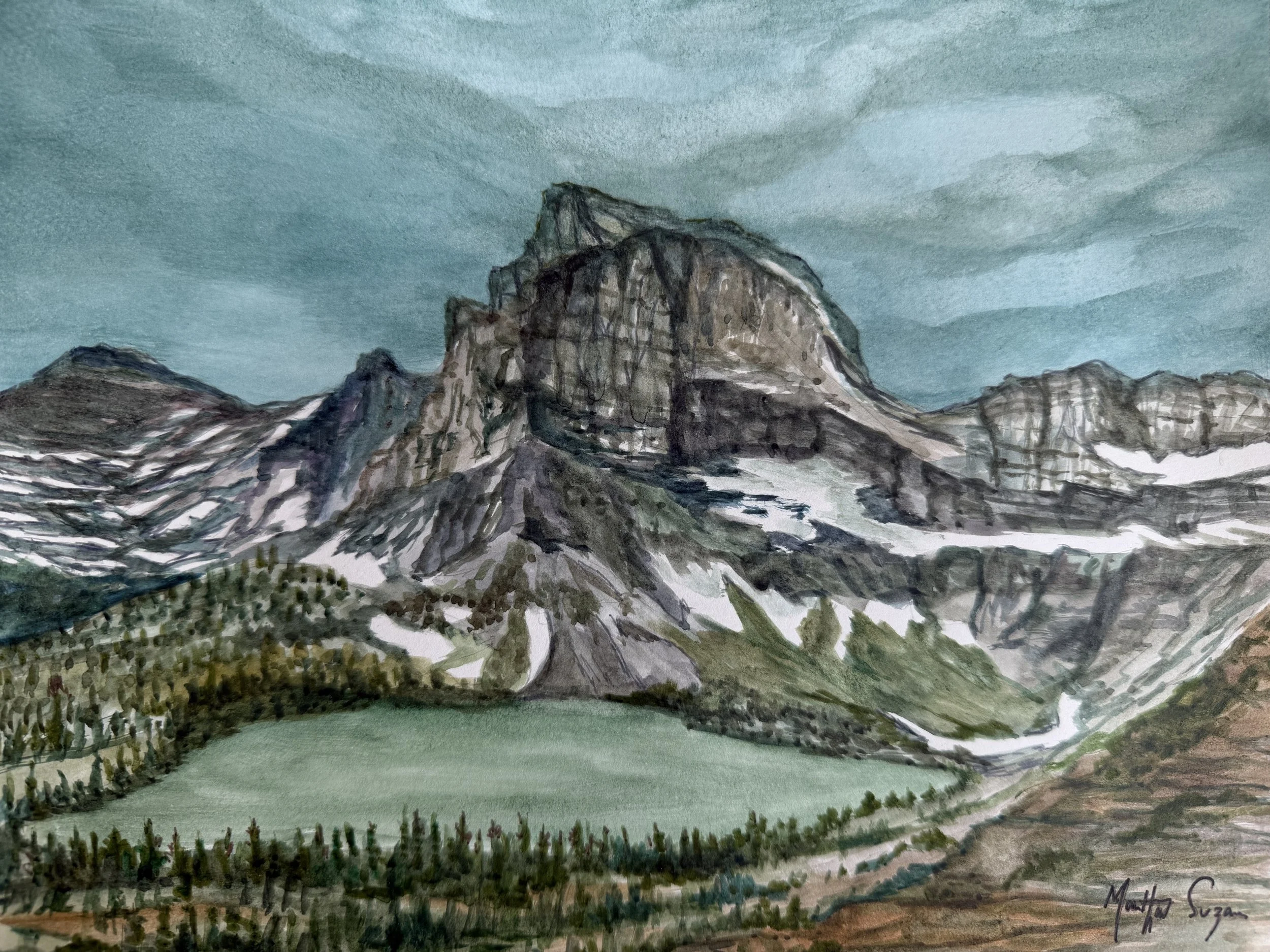 water color painting of grinnell glacier in glacier national park 