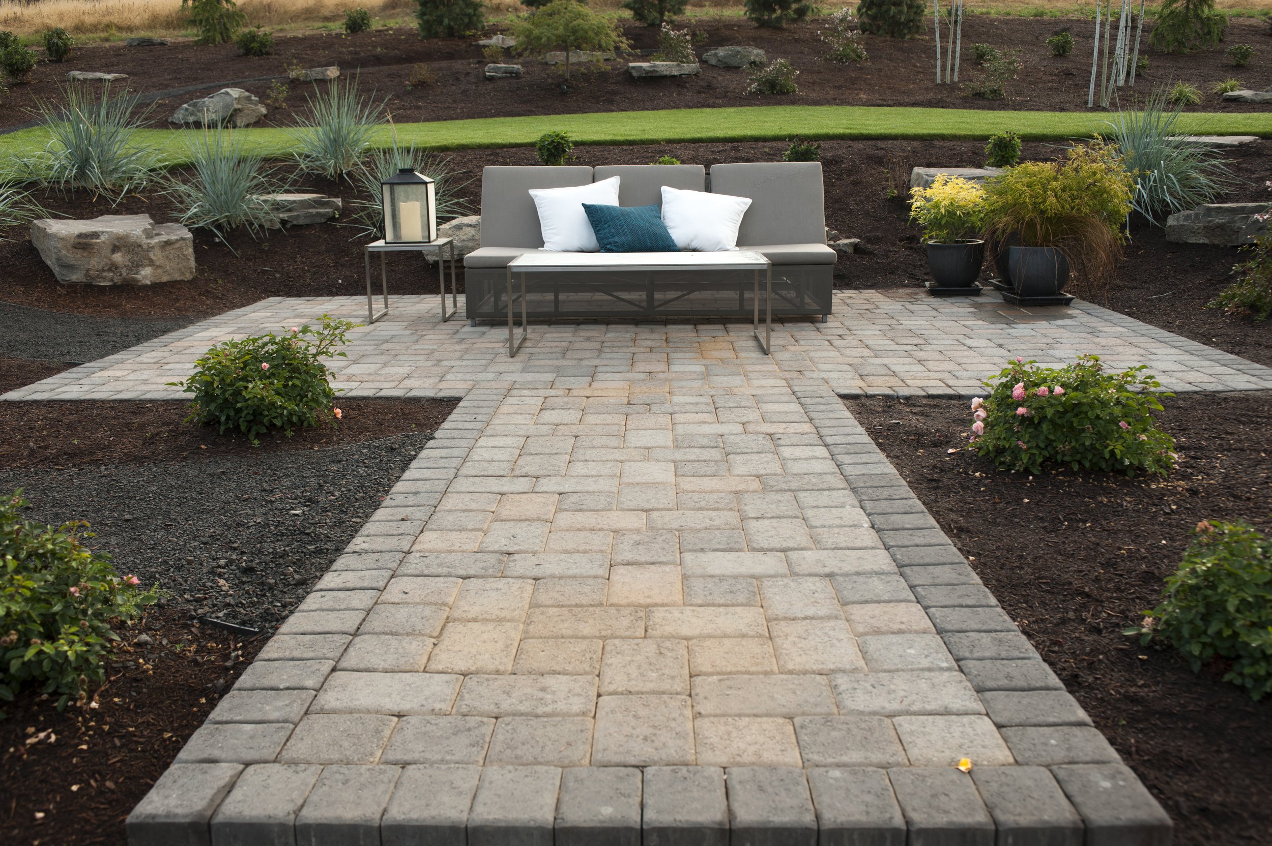 Relaxing and cozy seating area in backyard.