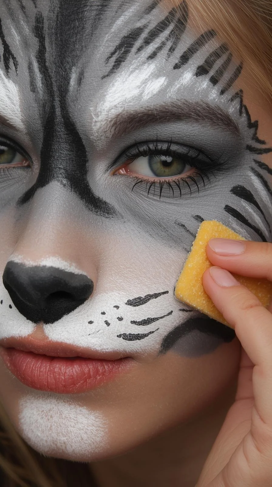 tutorial face painting disegno del lupo su volto partendo dal colore distribuito da spugna (1).jpg