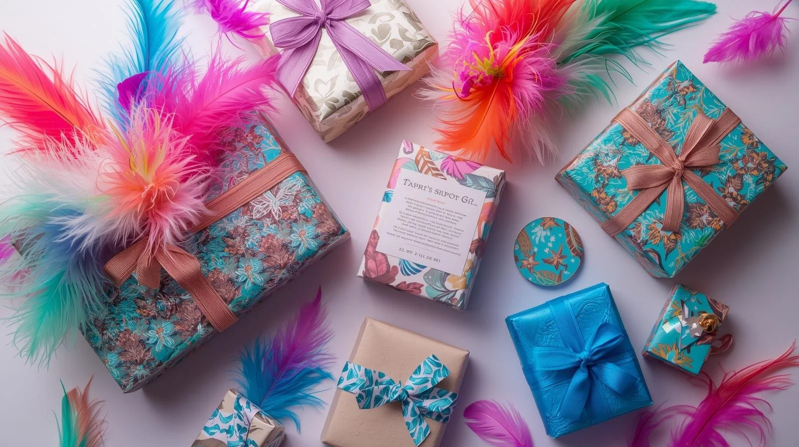 PACCHETTI REGALO CREATIVI CON INSERTI TEMA PIUME COLORATE.jpg