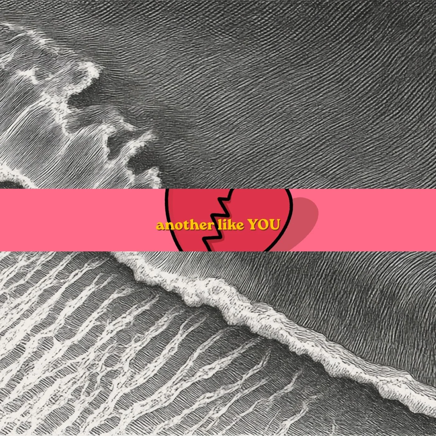 Close-up of a textured surface with a horizontal pink banner in the middle. The banner has a red broken heart outline and yellow text reading "another like YOU."