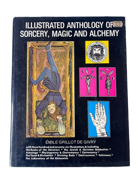 book of old illustrations of magic, sorcery and alchemy. cover showing hanged man tarot card, palmistry and more