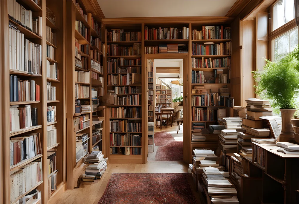 A quiet library lined with old books