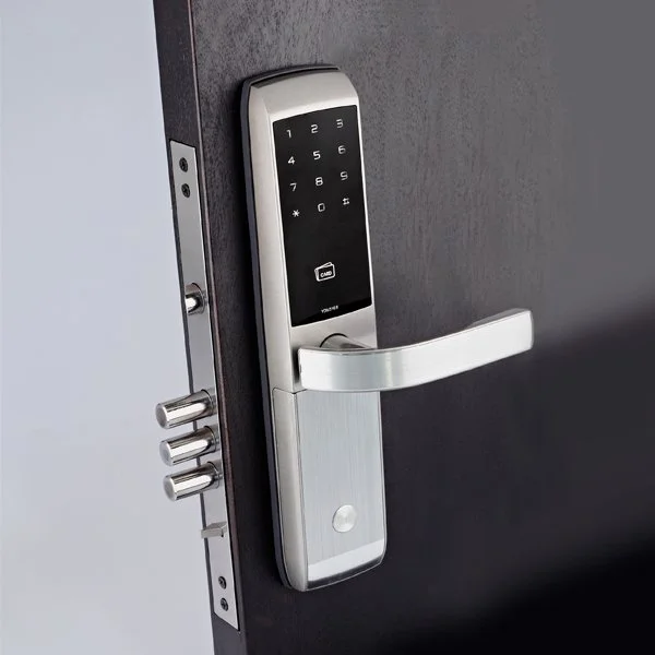 Modern smart door lock installed on a front door, featuring keyless entry and advanced home security, part of a smart home automation system by SA Smart Homes in South Africa.