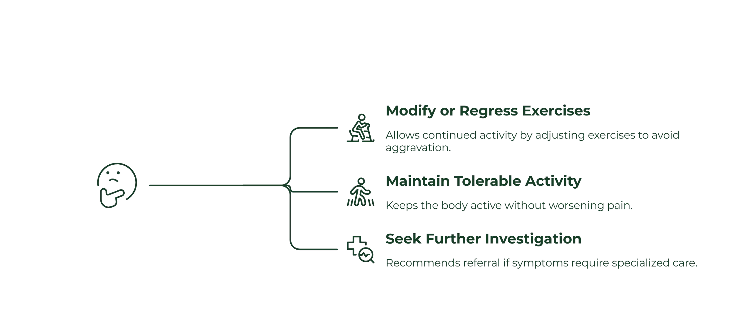Pain management approach showing exercise modification, maintaining tolerable activity and referral for further investigation when needed.