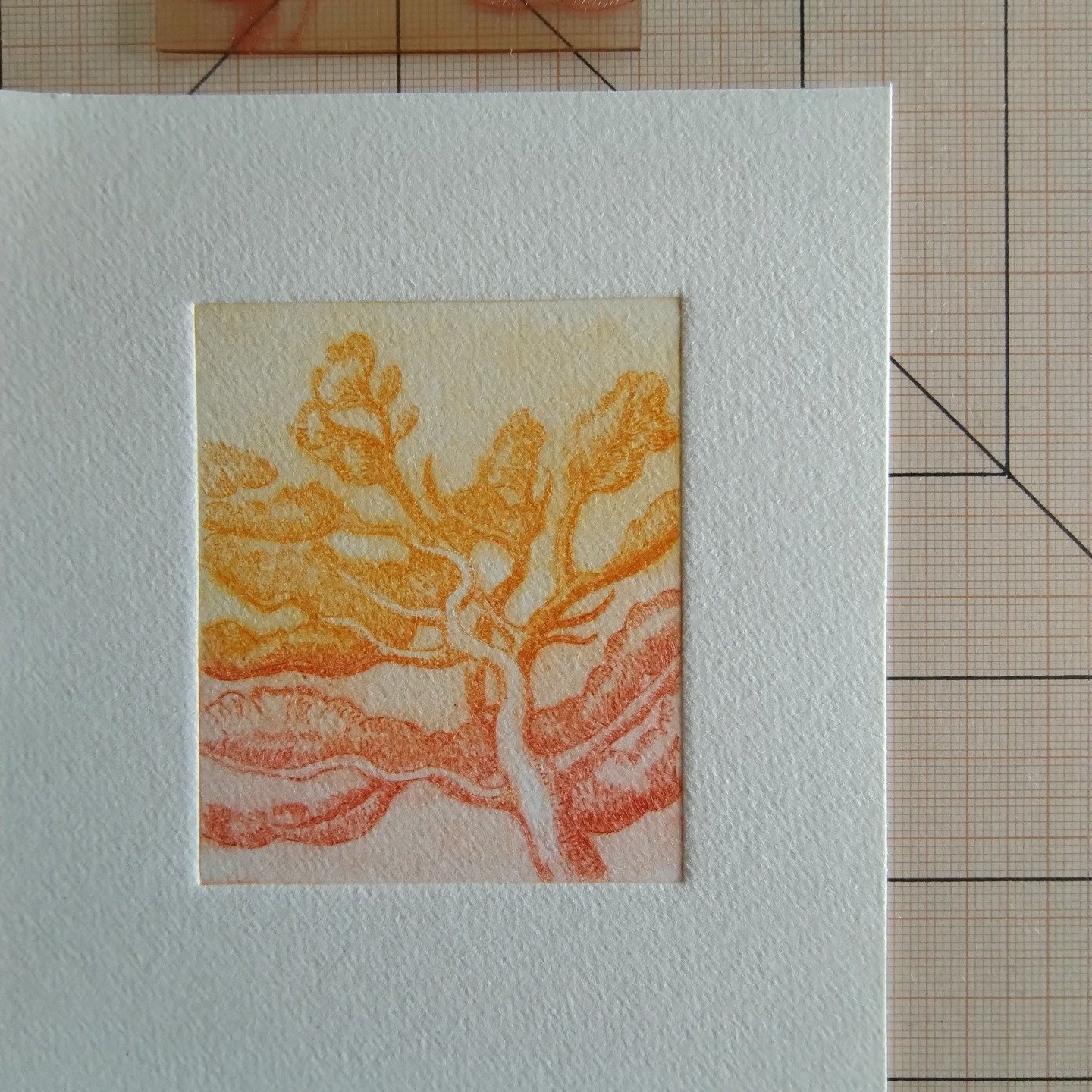 Flaming Beeches Batman!
Hot (or should that be wet) off the press today. 
The latest addition to my mini drypoint tree series is this 'Beech' in glowing Autumn colours.
Trying out these new (to me) @charbonnelparis water washable etching inks.
Expens