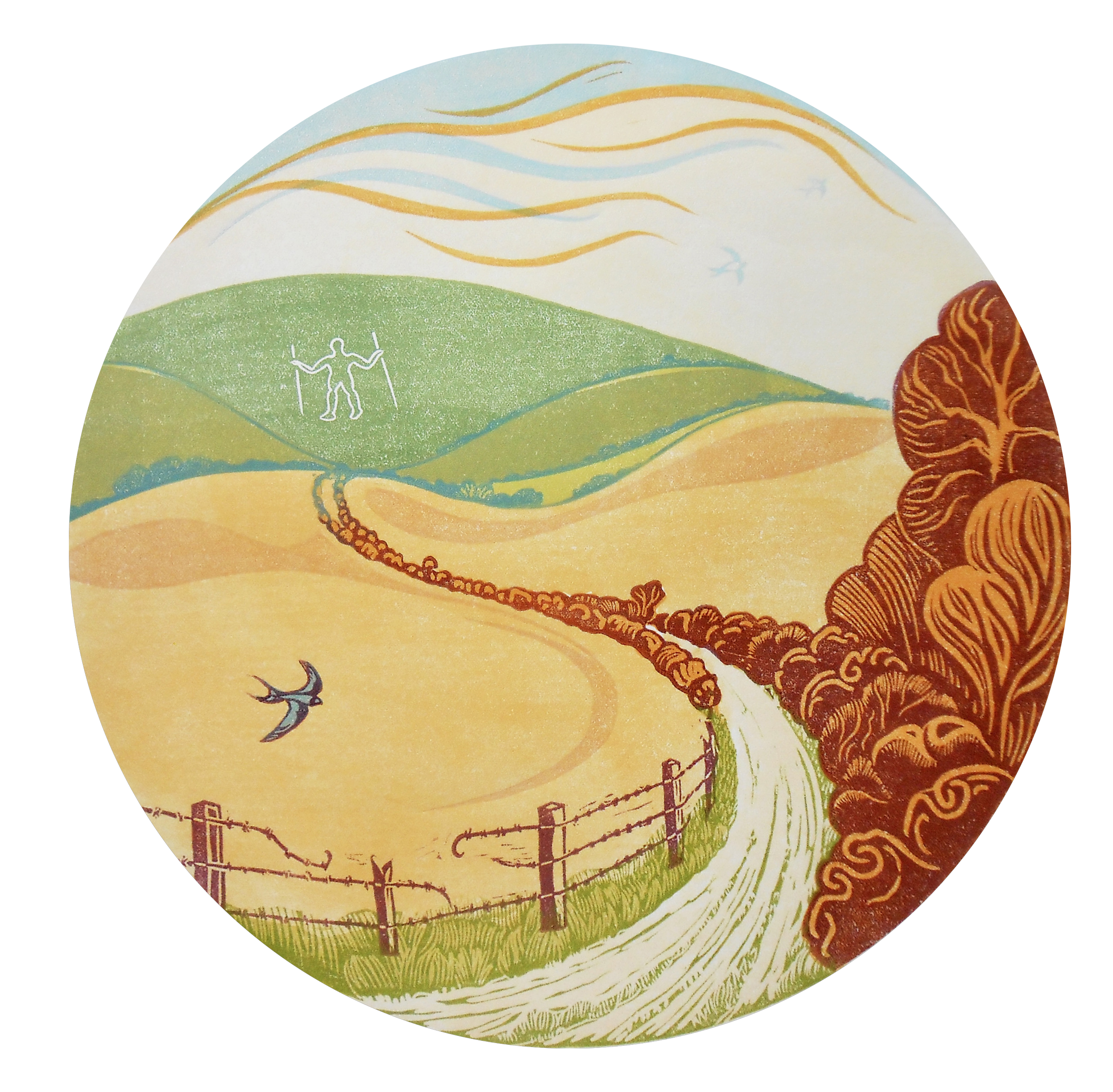 Colourful round linoprint of Long Man of Wilmington in summer with path leading up and swallow swooping over field in foreground