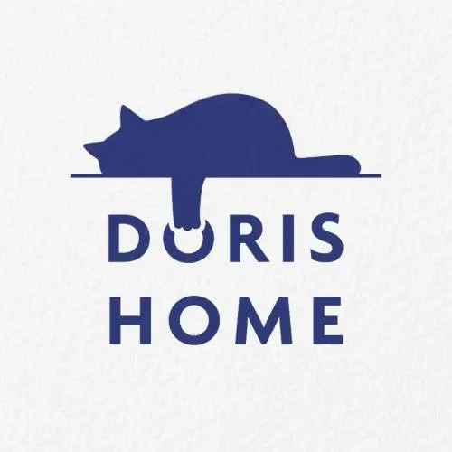 Silhouette of a dog laying down with the words 'DURIS HOME' underneath in blue text.