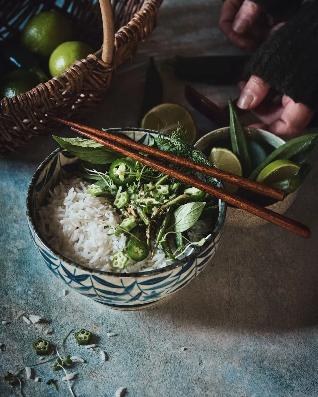 Stir-Fried Mustard Seed Okra with Green Chilli, Garlic, Thai Basil &amp; Dill