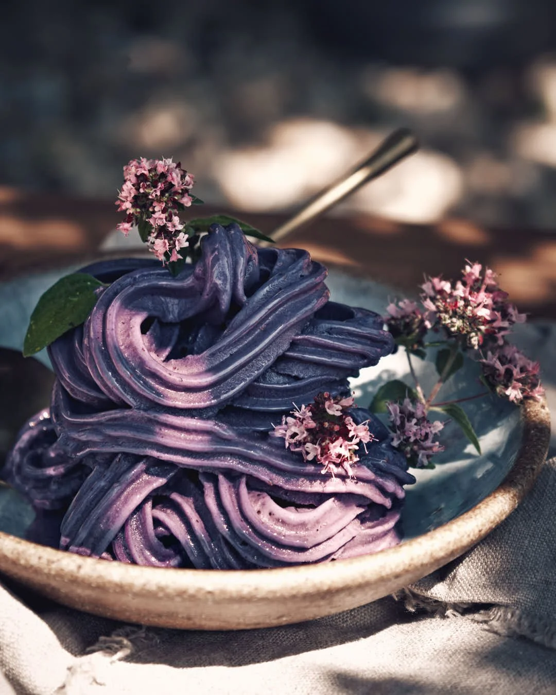 macro image of swirled ice cream in summer dappled light