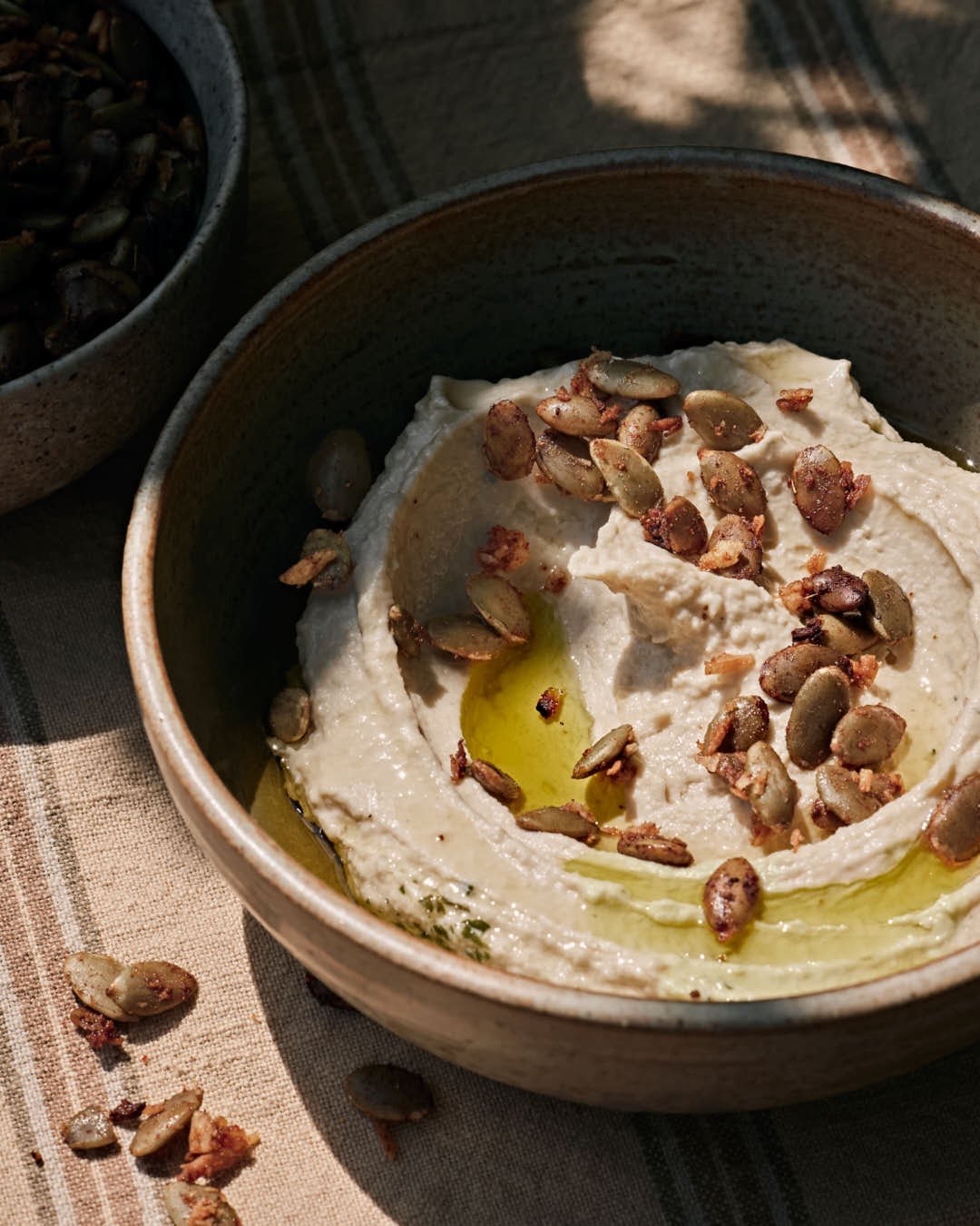 hummus in bowl topped with seeds