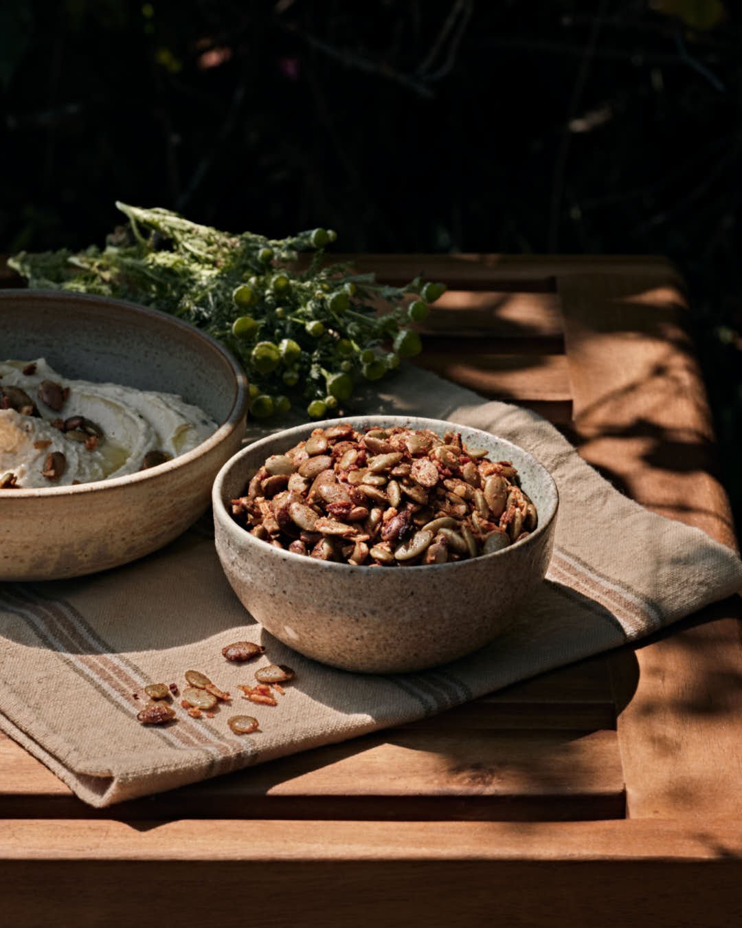 spiced pumpkin seeds in bowl in hard sunlight