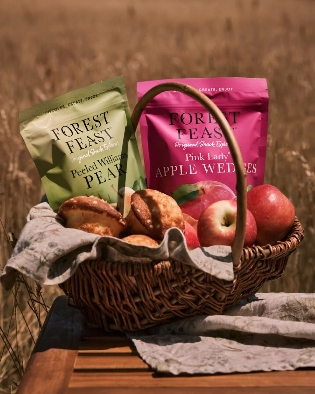 bags of dried apples and pears in basket in outdoor summer scene
