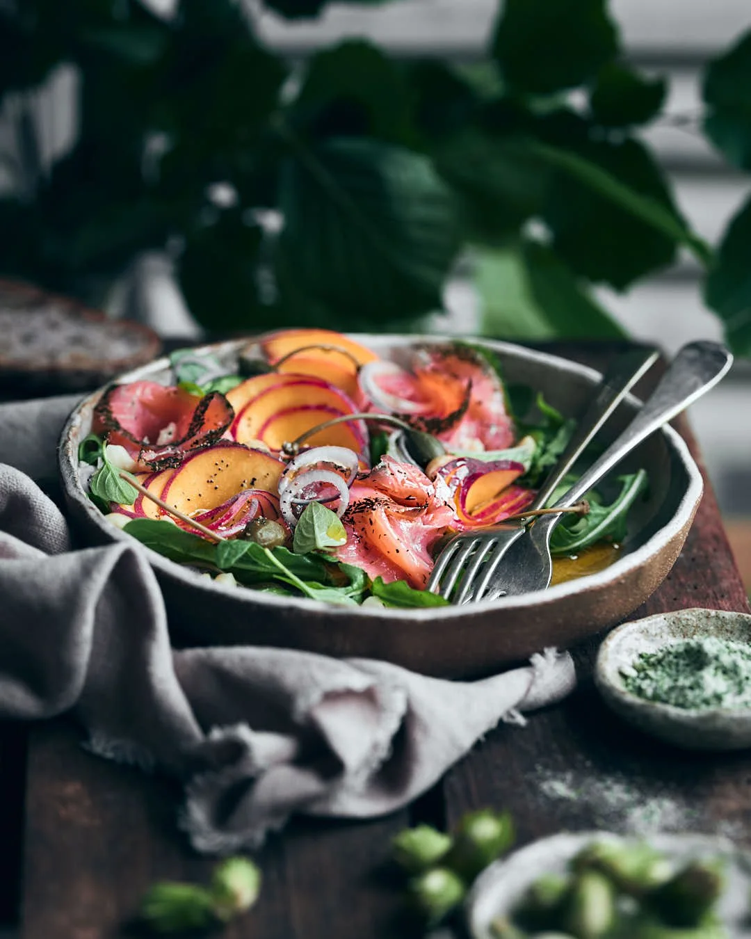 Cured Trout, Pickled Nectarine & Cobnut Salad with Fig Leaf Salt