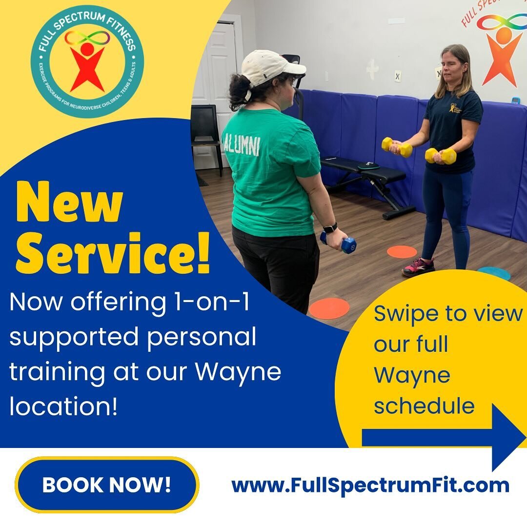 We are now offering 1-on-1 personal training sessions with Molly at our Wayne location! 
Check out the second photo to view our full schedule and book now at www.FullSpectrumFit.com
#supportedexercise #autism #autismexercise #neurodivergent #waynepa