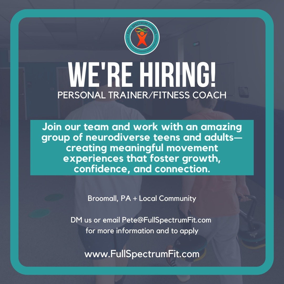 We&rsquo;re looking for a kind, thoughtful fitness coach or personal trainer to join our team!

You&rsquo;ll work 1:1 and in small groups with neurodiverse teens and adults&mdash;in our Broomall studio and out in the community.

If you're passionate 
