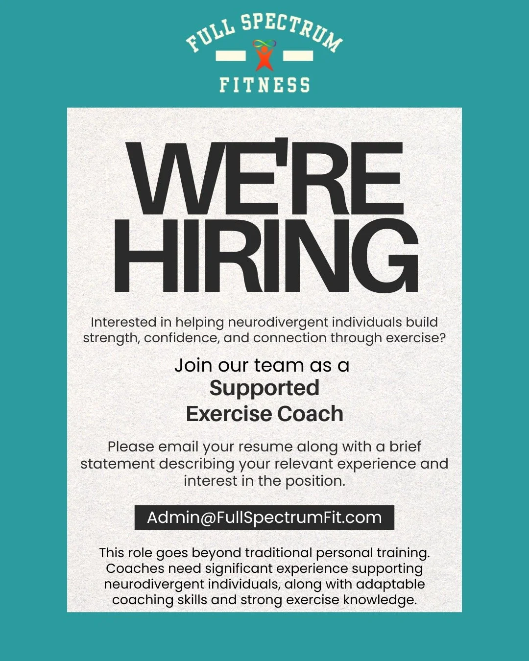 We&rsquo;re growing our coaching team at Full Spectrum Fitness.
We&rsquo;re looking for coaches with strong exercise knowledge and meaningful experience supporting neurodivergent individuals who want to make a real impact helping participants build s