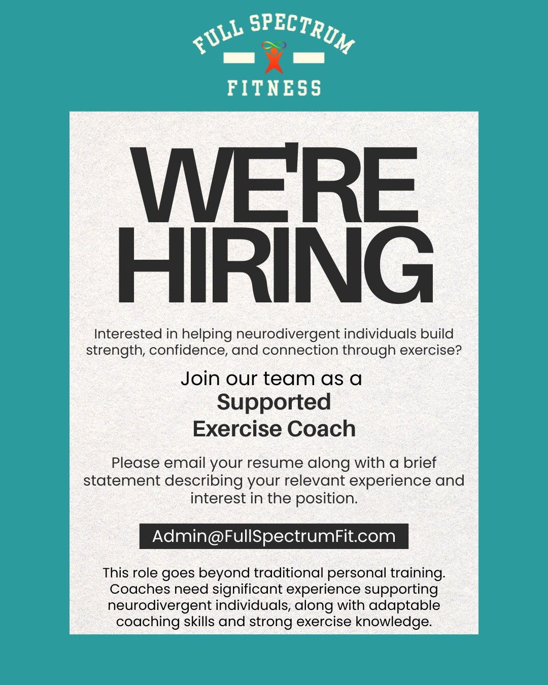 We&rsquo;re growing our coaching team at Full Spectrum Fitness.
We&rsquo;re looking for coaches with strong exercise knowledge and meaningful experience supporting neurodivergent individuals who want to make a real impact helping participants build s