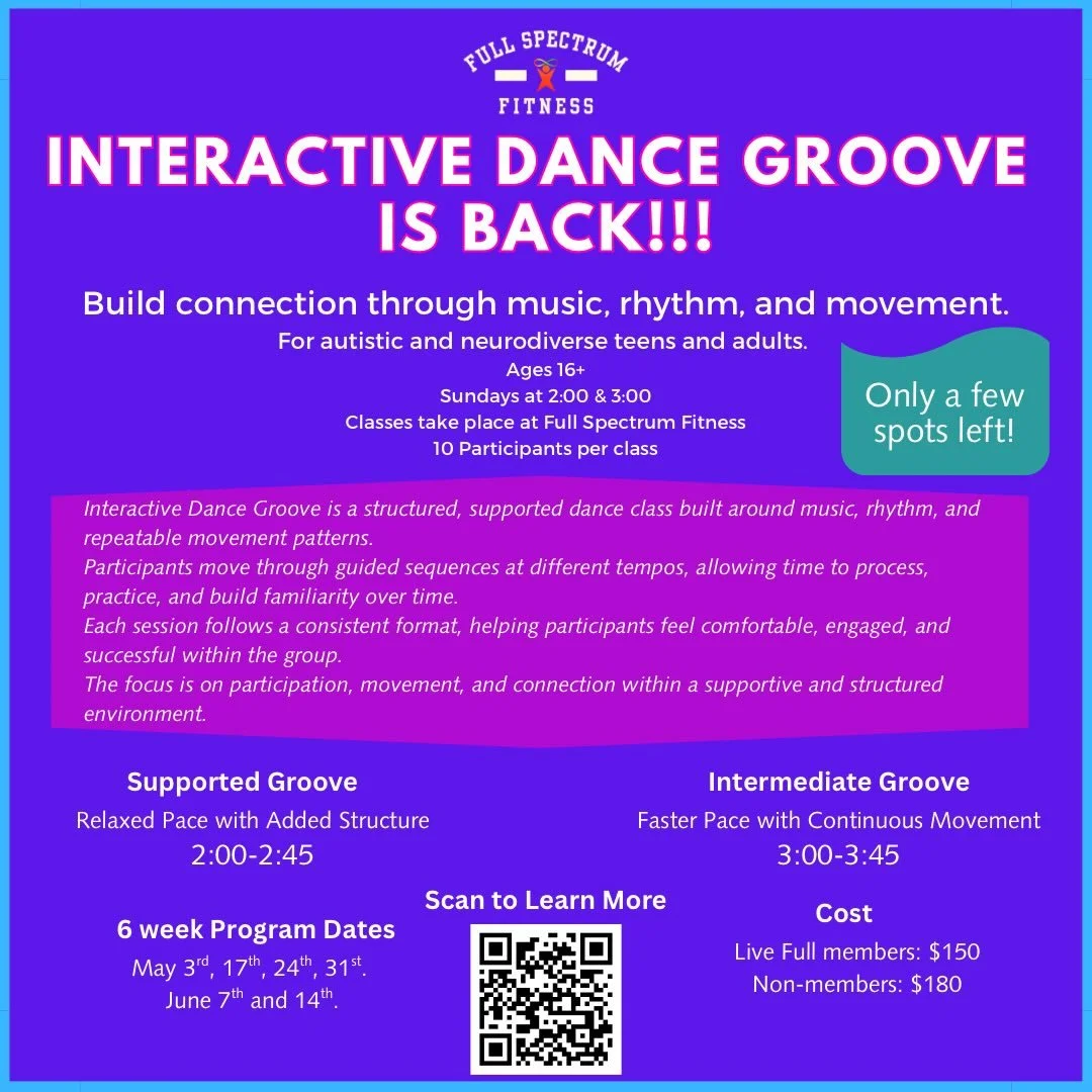 Interactive Dance Groove at Full Spectrum Fitness starts next Sunday! Only a few spots remain in each class.

Learn more and register at https://fullspectrumfit.com/idg