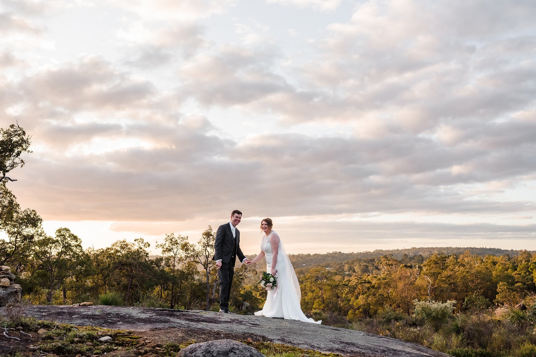 Wedding couple on the escarpment near Darlington Estate in the Perth Hills.