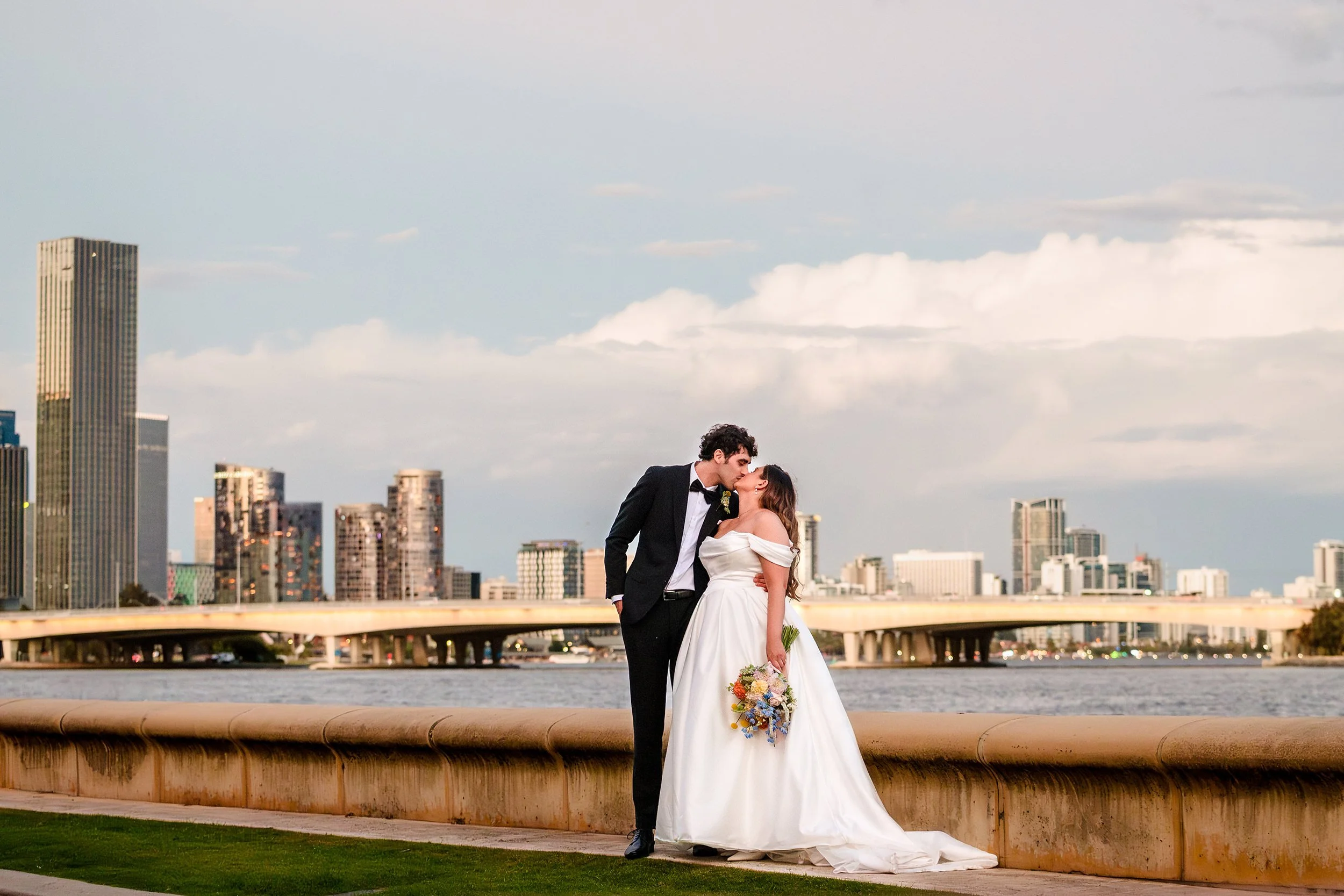 Cooee wedding portrait with perth skyline and swan river as a backdrop