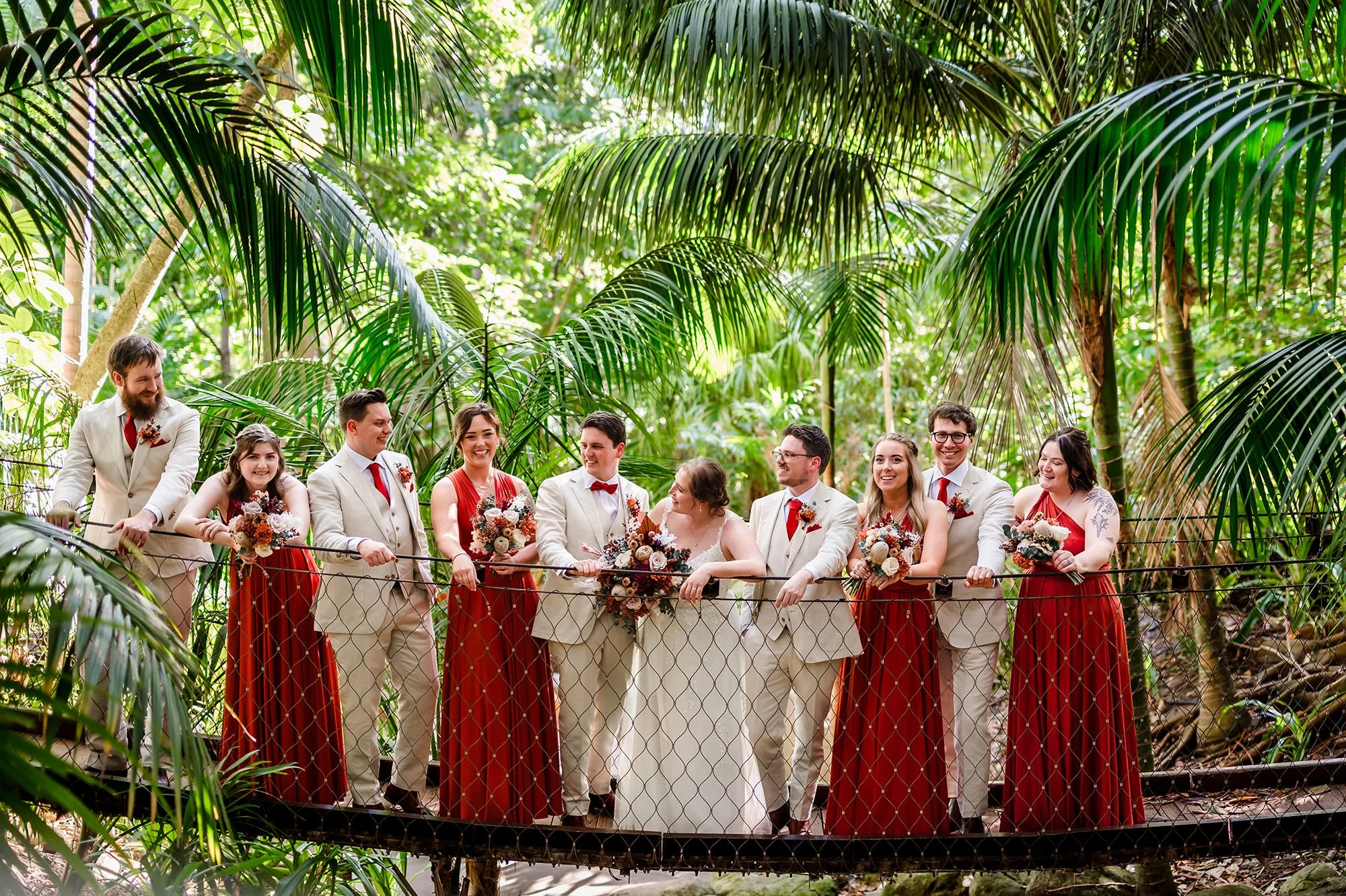 Natural bridal party photo in the lush rainforest at the Perth Zoo