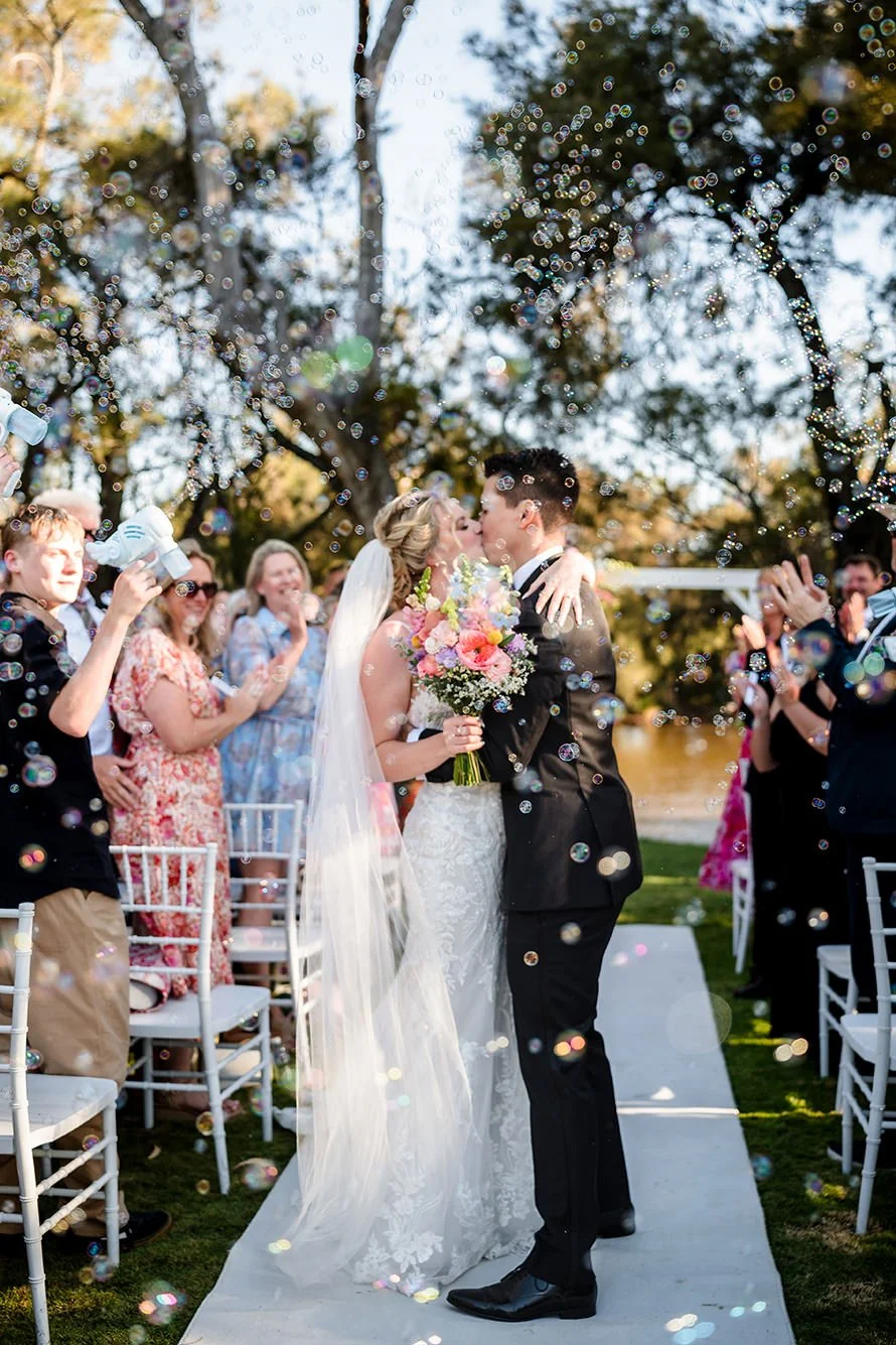 Mulberry Farm wedding ceremony with confetti in the Swan Valley.