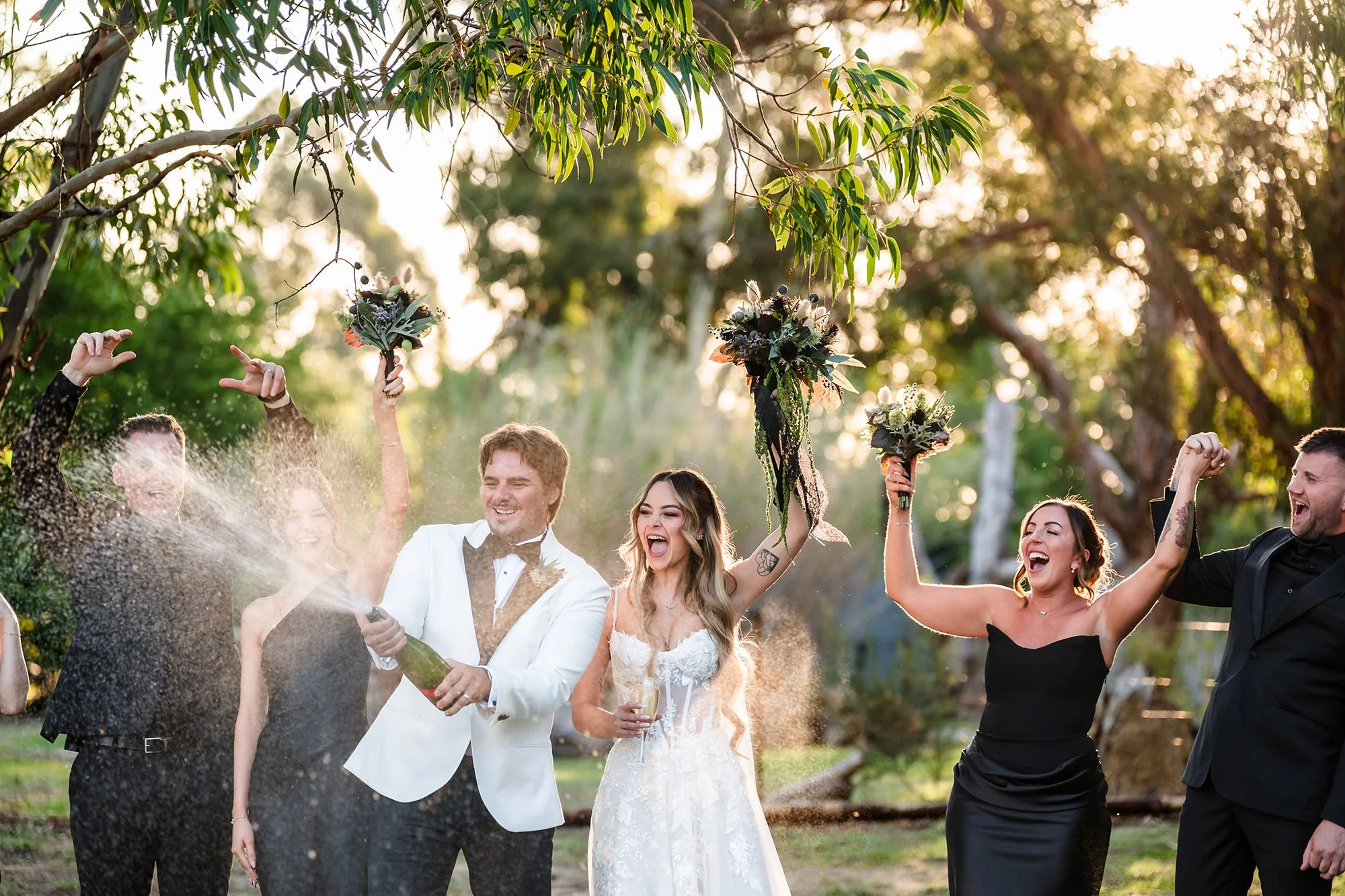 Champagne pop at Lily Farmhouse Wedding, Swan Valley
