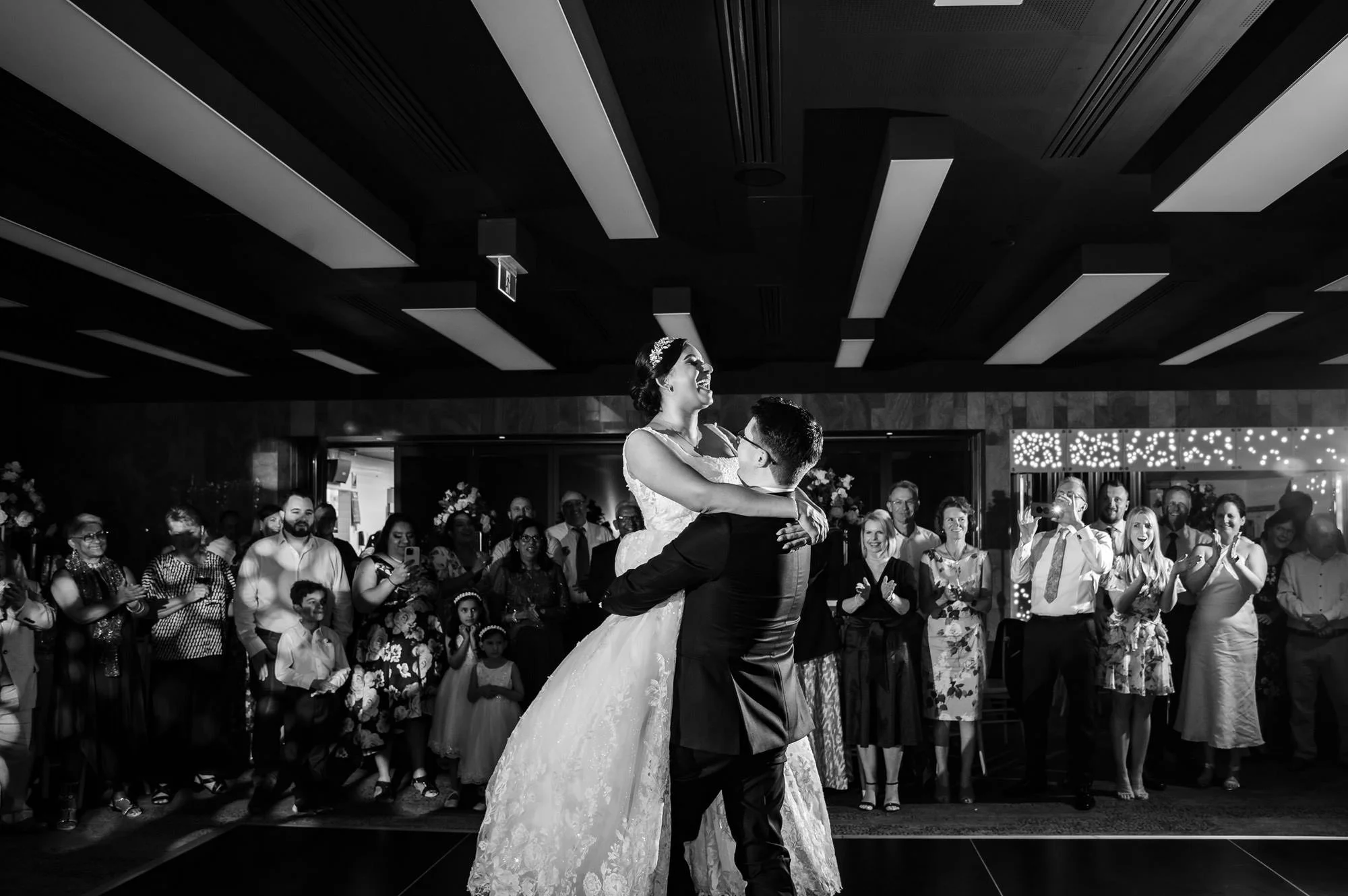 Joyful first dance wedding photo at Aloft Perth