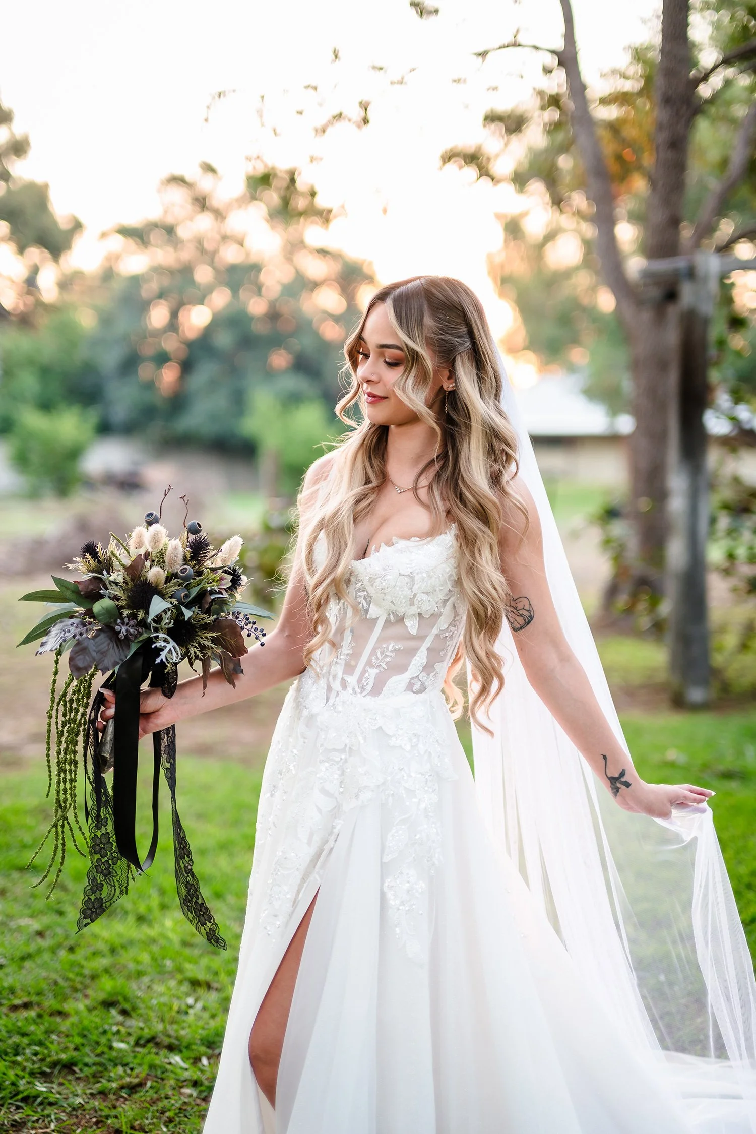 Bride with bouquet at Lily Farmhouse, Swan Valley Wedding