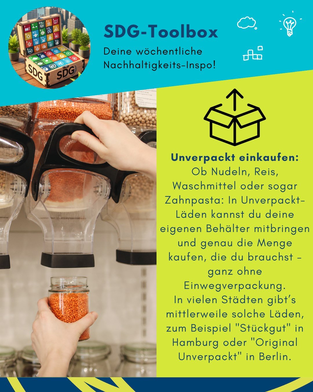 📢 Diese Woche in unserer Toolbox: Unverpackt einkaufen &ndash; weniger M&uuml;ll, mehr Bewusstsein 🫙🌍
Check mal, ob&rsquo;s auch in deiner Stadt einen Zero-Waste-Laden gibt!

#ZeroWaste #Unverpackt #NachhaltigerAlltag #Toolbox #SDGScouts #M&uuml;l