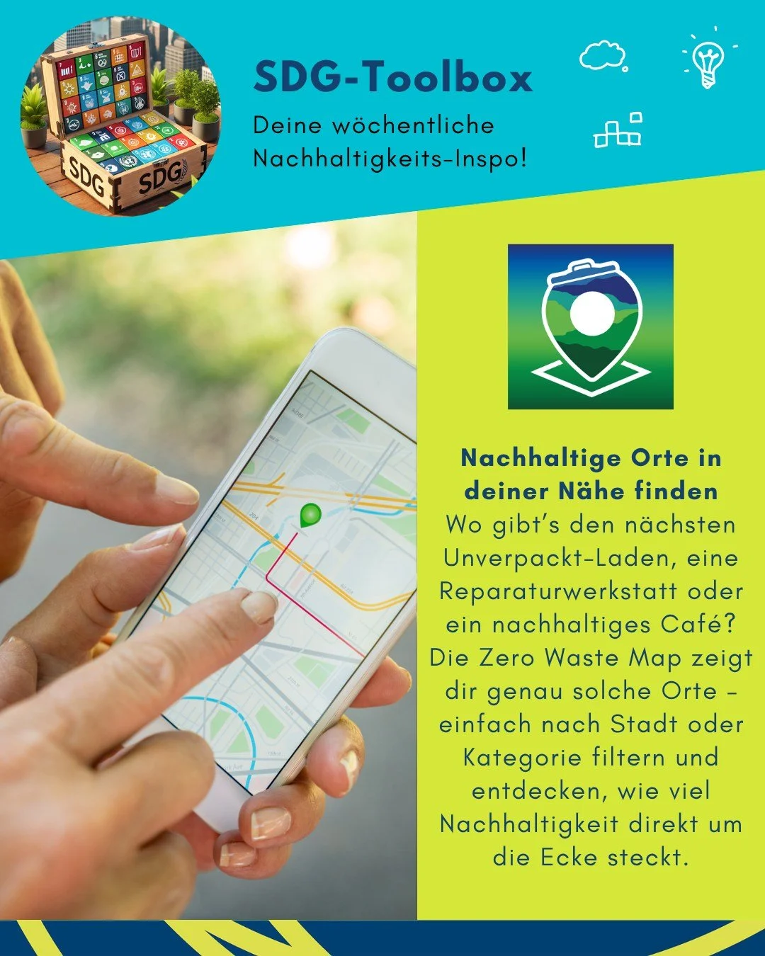 Diese Woche in unserer Toolbox: Zero Waste Map &ndash; Nachhaltige Orte ganz einfach finden 🗺️🌱

#toolboxderwoche #sdgscouts #zerowastemap #nachhaltigunterwegs #unverpackt #reparierenstattwegwerfen #gr&uuml;neralltag