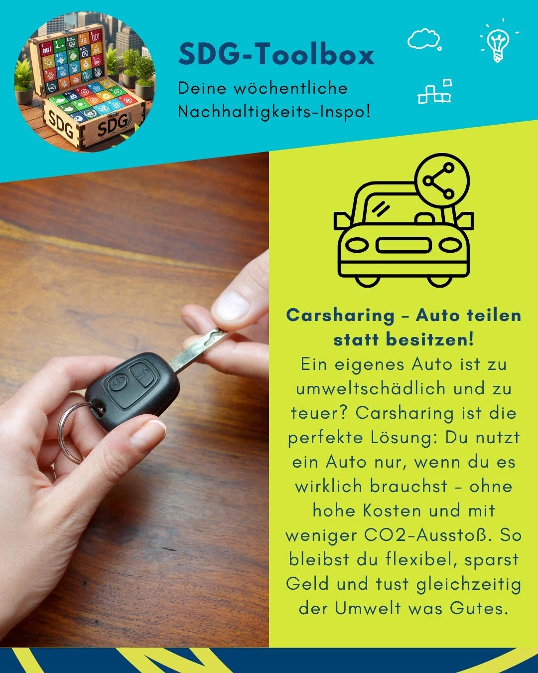 Diese Woche in unserer Toolbox: Carsharing &ndash; gemeinsam mobil und nachhaltiger unterwegs 🚗♻️

Hast du schon einmal Carsharing ausprobiert?

#toolboxderwoche #sdgscouts #carsharing #nachhaltigemobilit&auml;t #klimaschutz #sharedeconomy #umweltbe