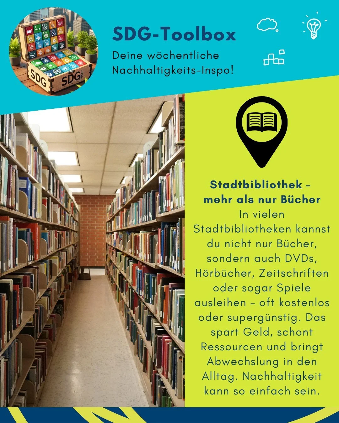Diese Woche in unserer Toolbox: Stadtbibliotheken &ndash; ausleihen statt kaufen 📖🎮
#toolboxderwoche #sdgscouts #bibliothek #ausleihenstattkaufen #nachhaltigkeitimalltag #ressourcenschonen #umweltfreundlich