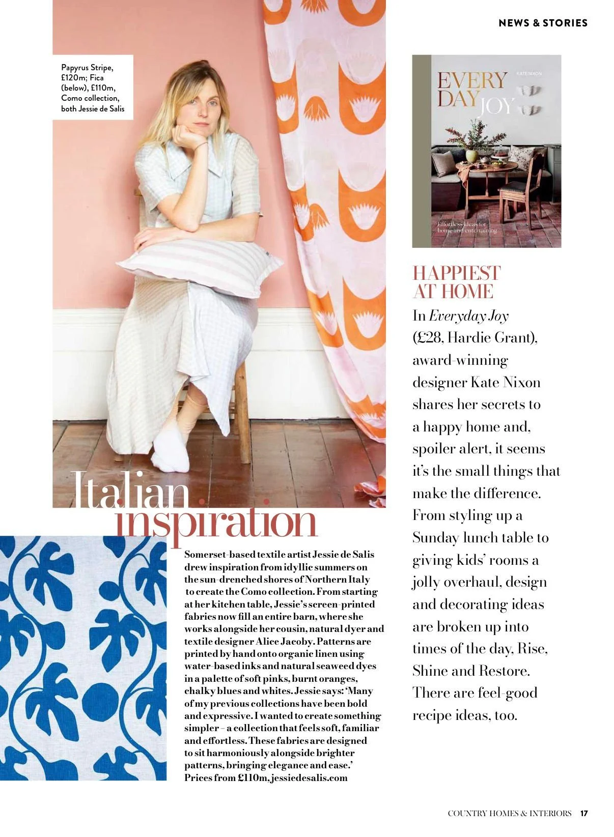 Country Homes magazine feature, featuring hand printed textiles