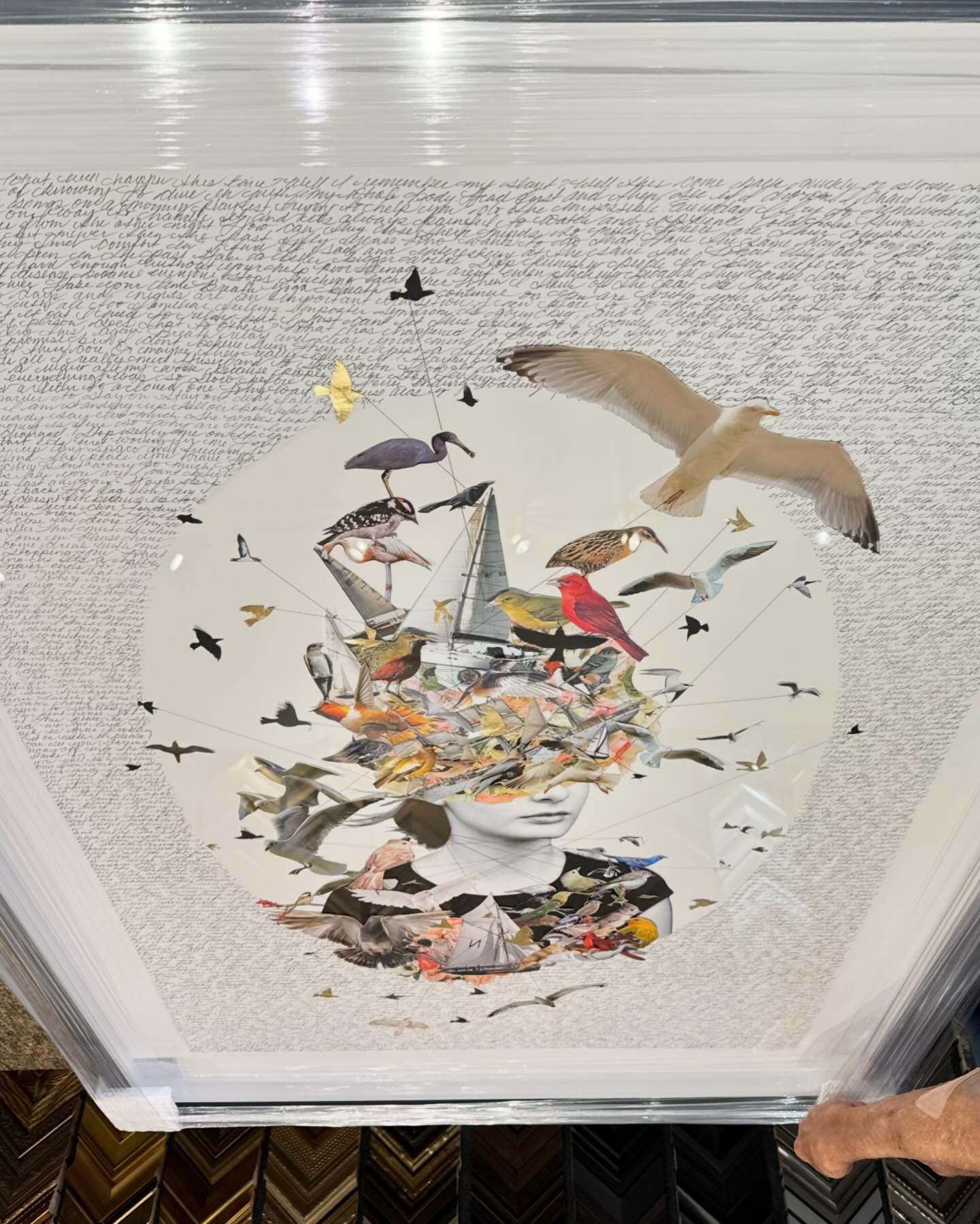 This amazing large piece by @mercedes_jelinek has flown away to #MirrorballGallery from NYC to the framers in Hendersonville and to its new home in our gallery in Tryon! 

#unbelievable #art #artist #artistsoninstagram #birds #floral #photography #ga