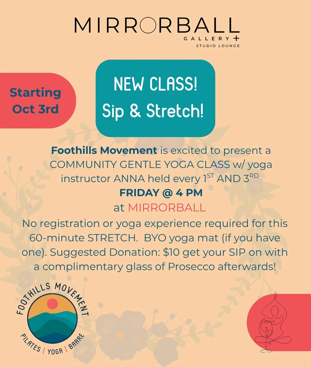 Looking for a health fresh air activity? @foothillsmovement has you covered: Sip &amp; Stretch starts tomorrow @ 4 PM and continues every 1 &amp; 3rd Friday. 
See the flyer for more details and  no excuses🌿🧘🧘&zwj;♀️🪩🥂
#yoga #thingstodo #tryon #t
