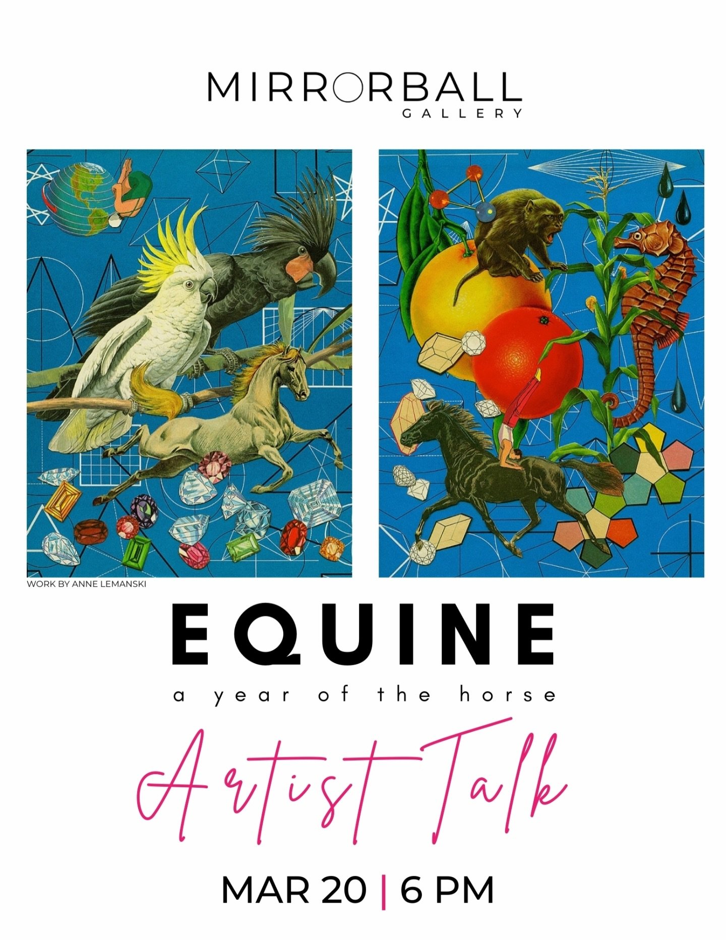 Mirrorball Gallery + Lounge invites you to an artist panel discussion about its current exhibition, EQUINE: A Year of the Horse. The exhibition explores the expressive, emotional, and symbolic power of the horse. Join artists Lauren Bergrud, Phil Gar