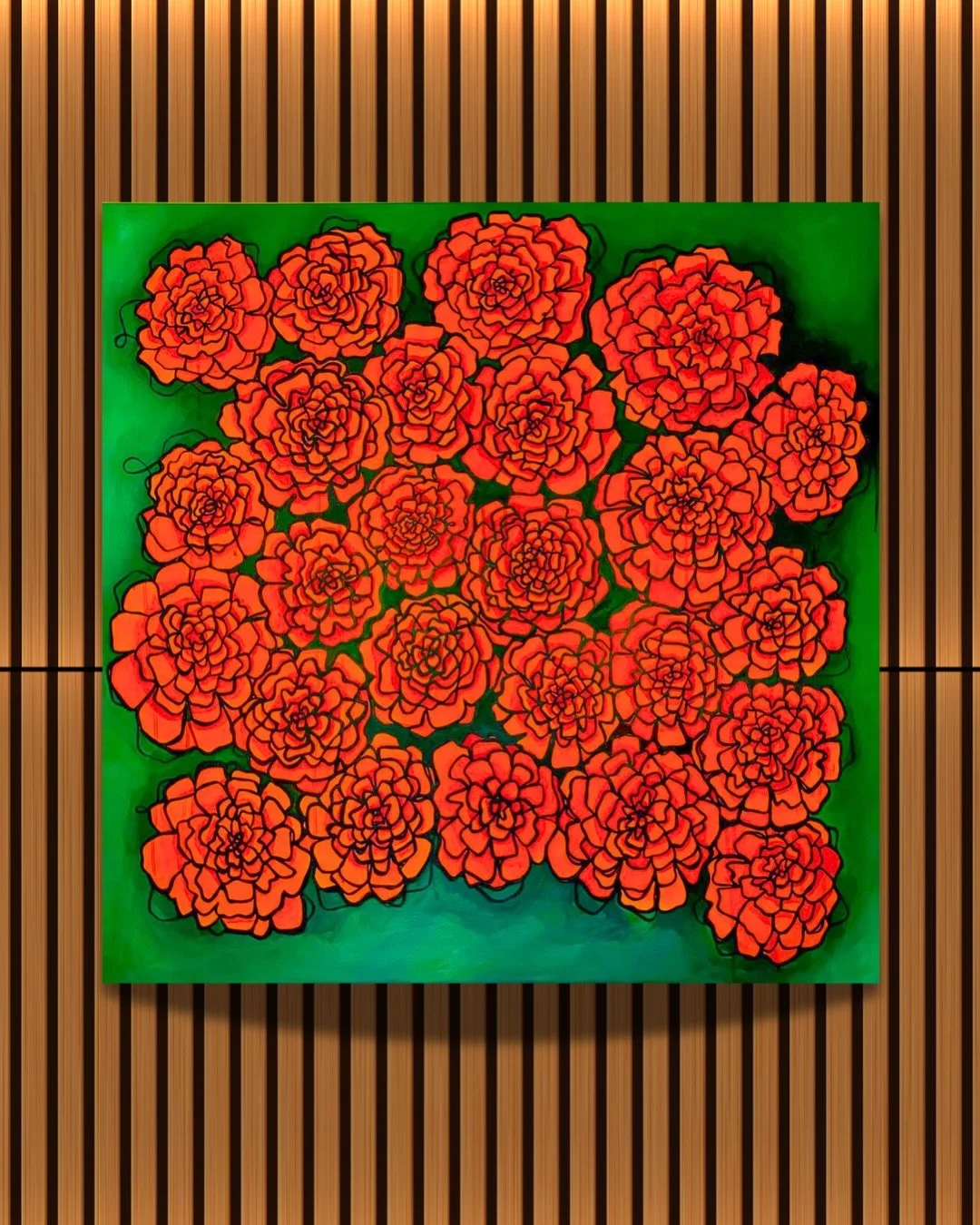 &ldquo;Marigolds&rdquo; by artist, Elizabeth Mayton | Yes, this piece is as bright and fun in person as it appears. 
36x36 Acrylic on Canvas