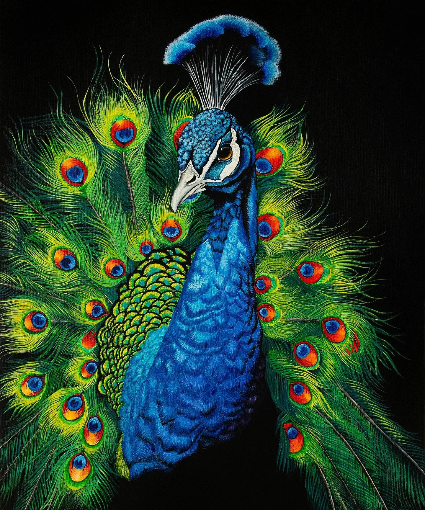 Peacocking with &ldquo;Fanfare&rdquo; by @elenafrostgallery 

Acrylic on Canvas | 24 x 30 | Framed 

DM inquiries 🪩

#hyperrealism #peacock #feathers #art #mirrorballgallery