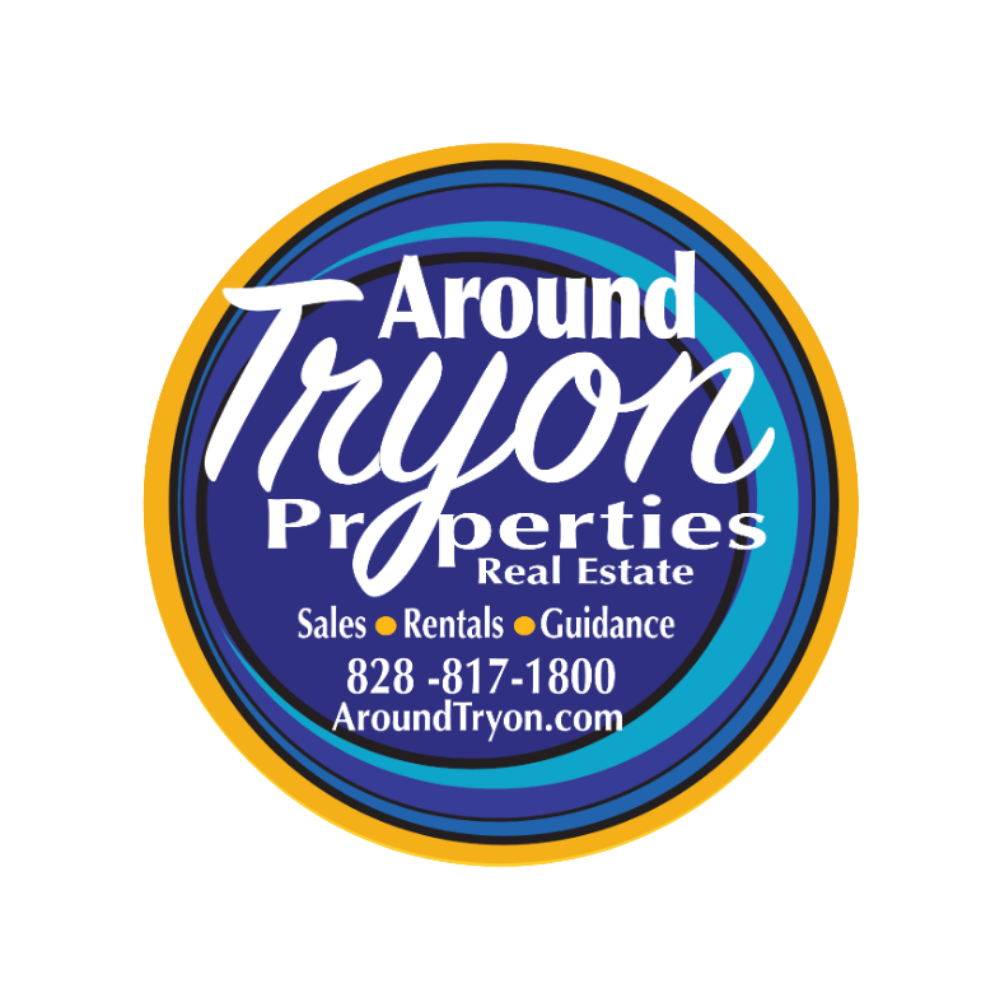 Logo for Around Tryon Properties Real Estate with a blue circular background, yellow border, and text including sales, rentals, guidance, contact number, and website.