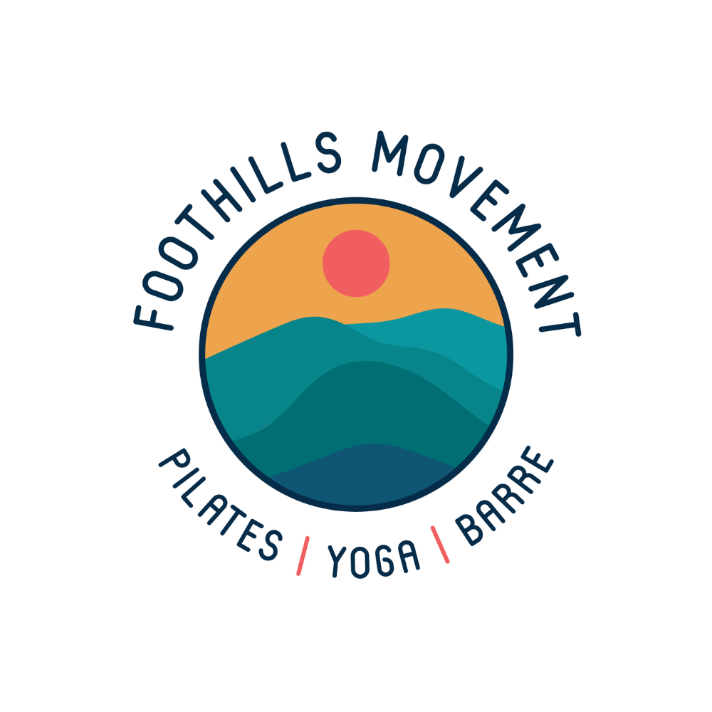 Logo for Foothills Movement featuring a stylized landscape with a setting or rising sun above rolling hills, surrounded by text: "Foothills Movement," and the activities pilates, yoga, and barre.