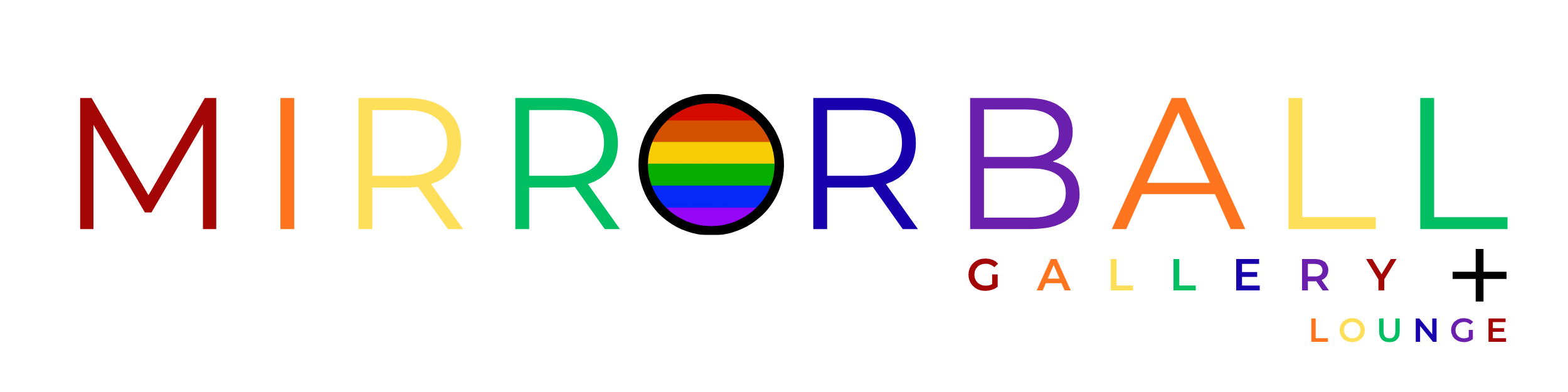 Colorful logo for Mirroball Gallery Lounge with rainbow-colored text and a rainbow-striped circle in the center.