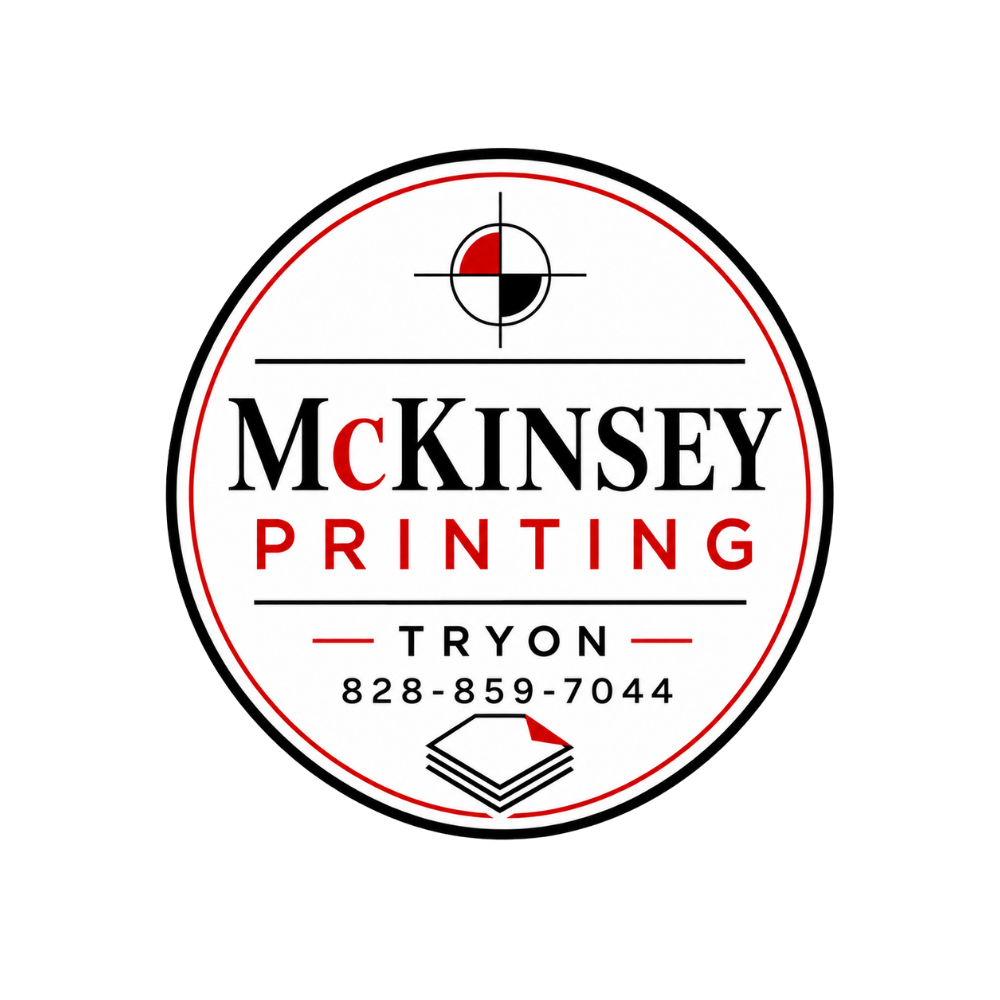 Company logo for McKinsey Printing in Tryon, featuring a crosshair and a stack of papers.